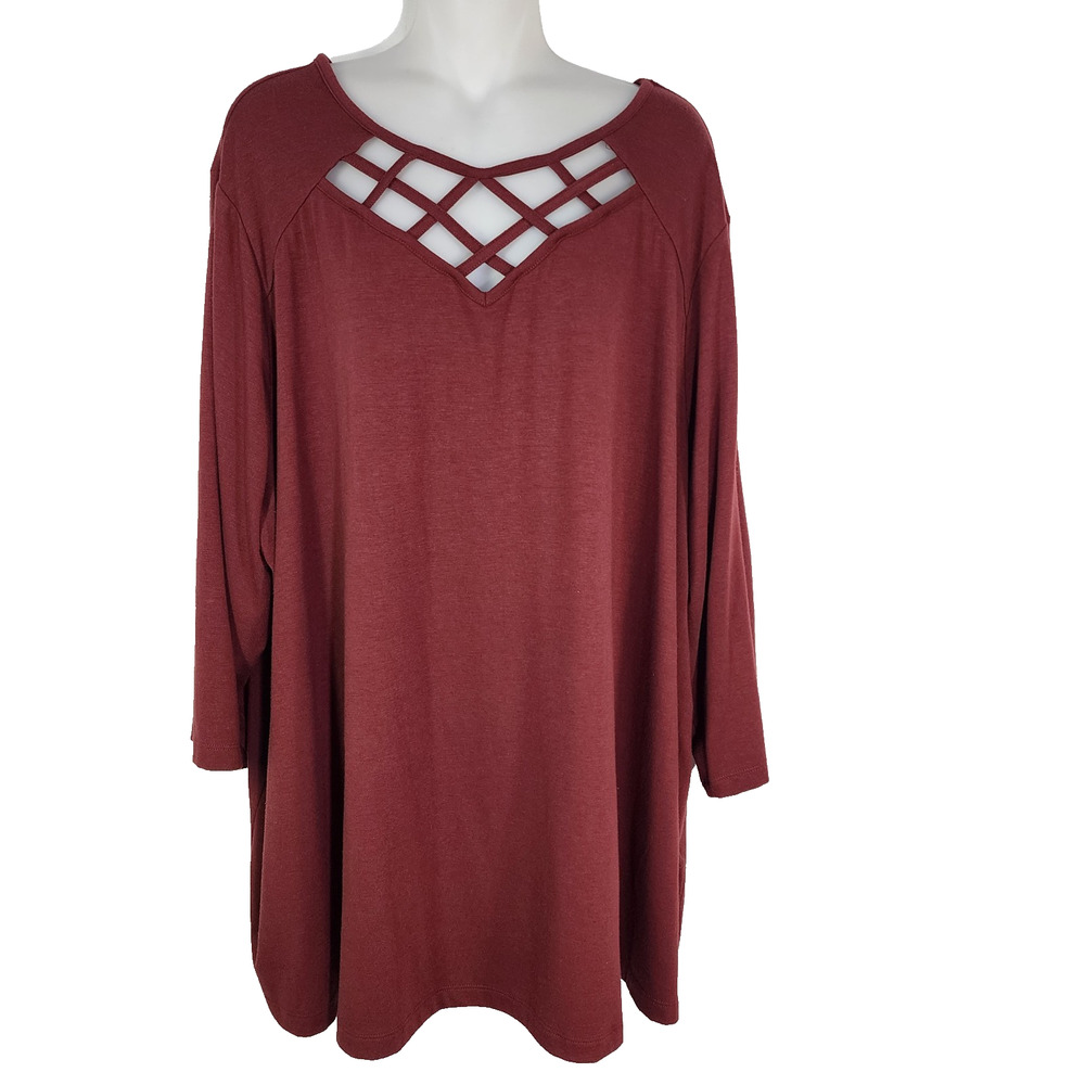 Catherines Women's Tunic Top Cut Out Strappy 3X 3/4 Sleeve Stretch Casual Knit